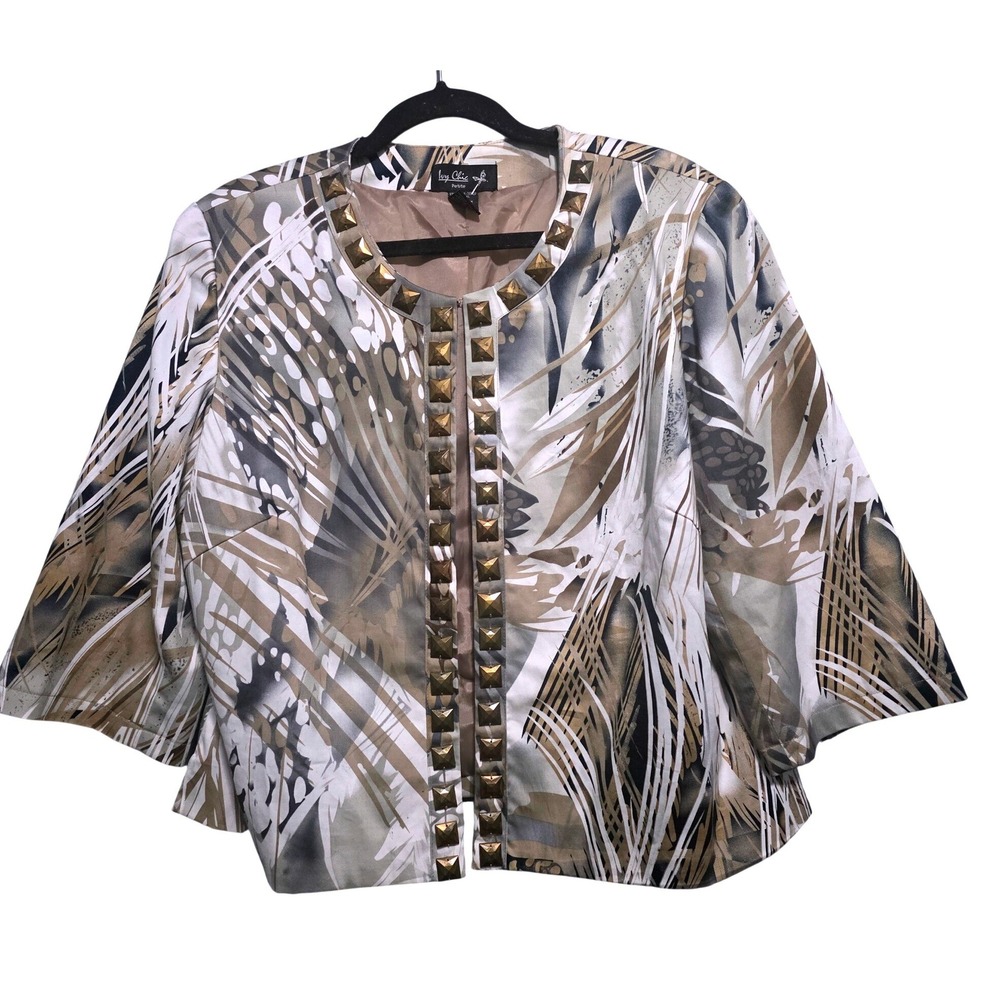 Ivy Chic Petite‎ PXL Abstract Print Studded Open Front Jacket 3/4 Sleeve A10